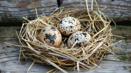 Naklejka na ściany i meble Eggs of quail within a hay made nest on a wooden backdrop