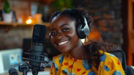 Laughing African women record a podcast with headphones and microphone. Female podcaster make audio podcast from home studio.