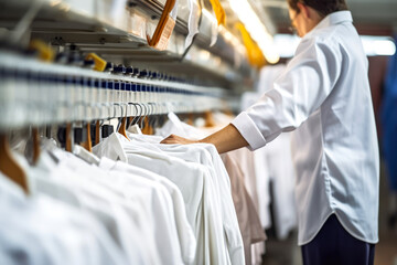 Professional employee inspects white shirts on hangers on an automated conveyor in a dry cleaning hub. Concept of efficient textile service, garment clothes care