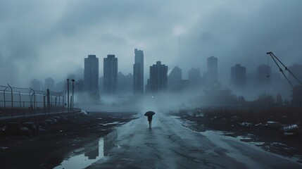 A lone figure walks down a deserted road their umbrella providing a small shield against the pouring rain. The city skyline looms . AI generation. - obrazy, fototapety, plakaty