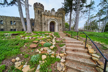 Medieval Castle in Lush Landscape, Gothic Architecture, Stone Pathway Approach