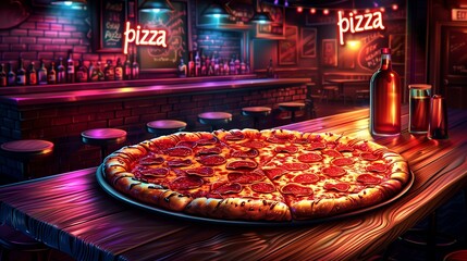 A large, delicious pizza with melted cheese, pepperoni, and fresh vegetables sits atop a wooden table, ready to be enjoyed - obrazy, fototapety, plakaty
