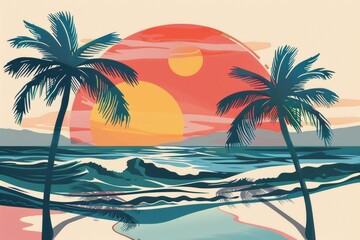 Obraz premium Tropical summer wallpaper depicting palm trees at the beach. Colorful background pattern in retro style. Ocean, sea, vacation and holiday concept.
