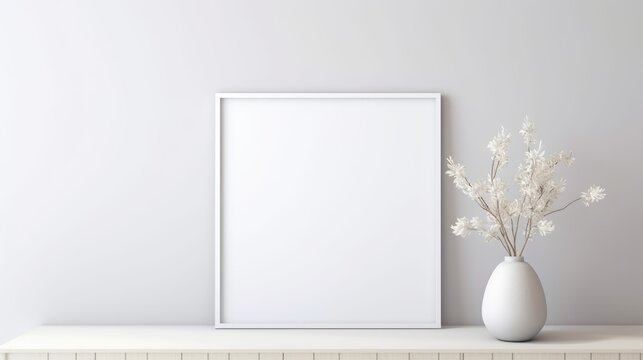 A mock-up of an empty wooden picture frame on a light wall background. A vase with flowers and leaves. The concept of advertising, a place for text.