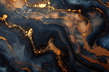 Fototapeta na wymiar A closeup of dark liquid with golden glitter, swirling and dripping on the surface. Created with Ai