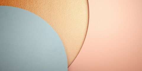春用の立体的な抽象横長バナー。淡いピンク背景に重なる金色と水色の円