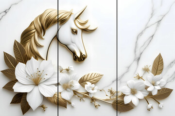 Home panel wall art three panels, marble with gold horse white flowers and leaves and feather silhouette