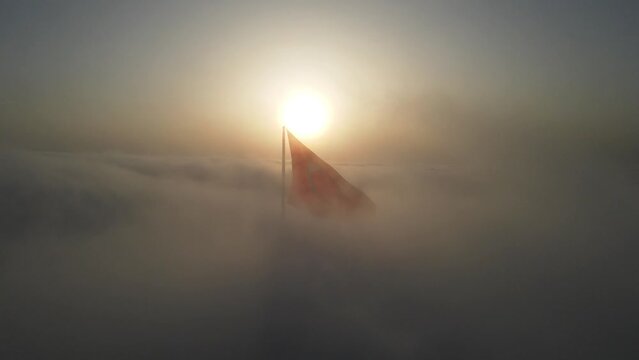 Turkish Flag in the Foggy Morning Drone Video Uskudar, Istanbul  Turkiye (Turkey)