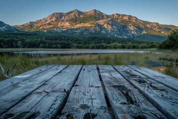 A rustic wooden desk with nature green mountain, For editing, Generative AI