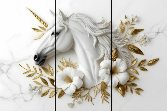 Home panel wall art three panels, marble with gold horse white flowers and leaves and feather silhouette