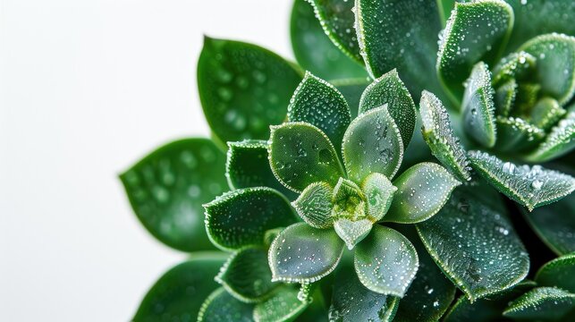 Succulent leaves photographed in close up against a white backdrop