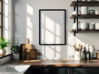 Wall mock up in kitchen, modern interior background, Farmhouse kitchen with wooden counter top and shelves.