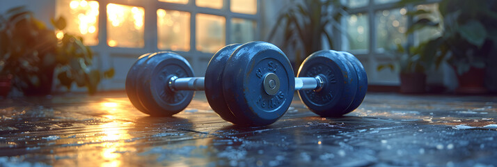 A Pair of Dumbbells on a Table,Dumbbells on the floor in a gym closeup Selective focus


