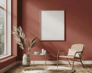 Empty vertical frame for wall art mockups. Modern living room with chair, boho decor, and neutral terracotta wall.