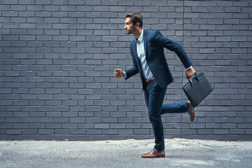 Rush, man and suit in city for corporate career, professional business or company with briefcase....