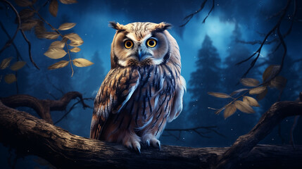 owl on branch at night - obrazy, fototapety, plakaty