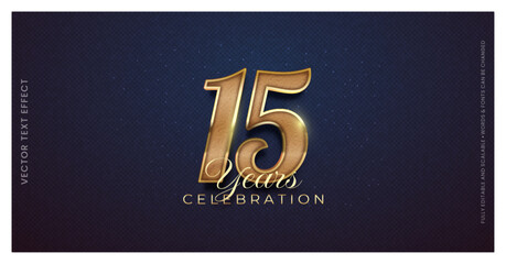 Editable text effect fifteen years anniversary with 3d gold effect