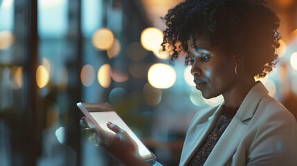 Black business woman using digital tablet in meeting room office workplace business finance concept : Generative AI