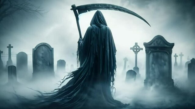 Grim Reaper Standing in Front of Cemetery