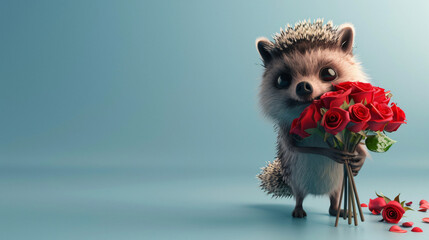 Cute Cartoon HedgeHog Holding a Bouquet of Red