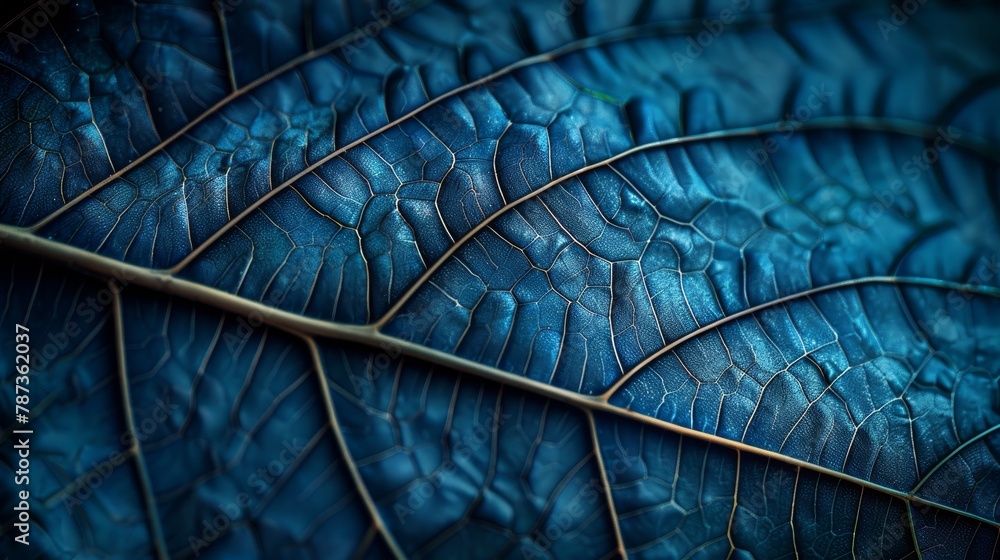 Poster blue tree leaf skeleton texture background with shining through effect and intricate patterns