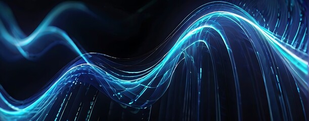 Blue Abstract Digital Waveform Rendered In 3d Connecting Dots And Lines On A Dark Background Illuminated By Light Rays