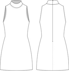 sleeveless high neck turtleneck zippered a-line body-con short mini dress jean denim template technical drawing flat sketch cad mockup fashion woman design style model
