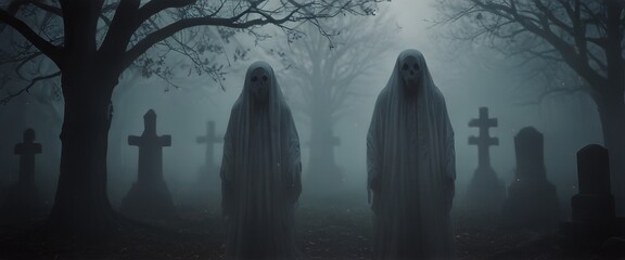 Two ghost in a cemetery with spooky eyes - obrazy, fototapety, plakaty