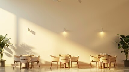 interior of a dining room or restaurant. Interior with white walls and gray concrete floor. On one side there is a long table with chairs, and above it there are pendant lamps.
