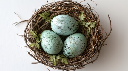 Obraz premium Symbolic representation of three green eggs in a bird s nest on a white backdrop conveying a message of future environmental commitment