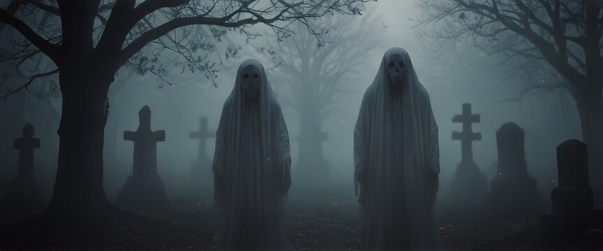 Two ghost in a cemetery with spooky eyes