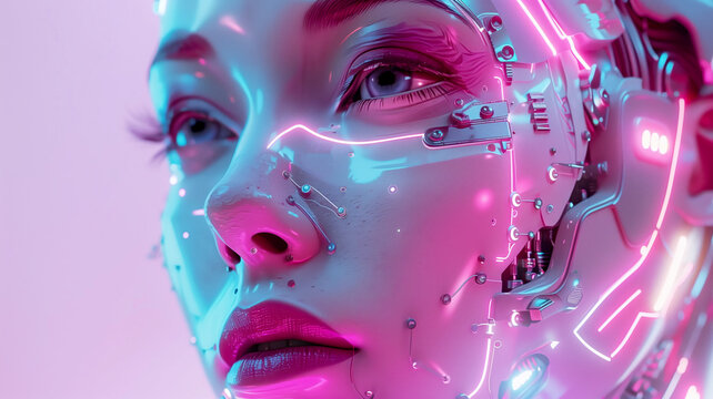 3D render of neon pink female futuristic robot portrait