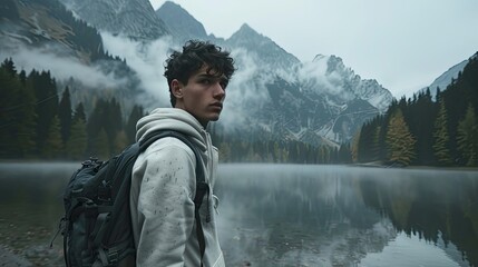 A handsome young man in a white sweatshirt and a black backpack stands on the shore of a lake, surrounded by forested mountains in foggy weather. He has an Asian face and short hair. - Powered by Adobe