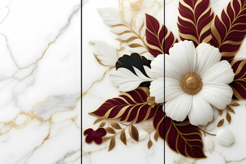 Home panel wall art three panels, marble with golden, white and maroon flowers and leaves and feather silhouette