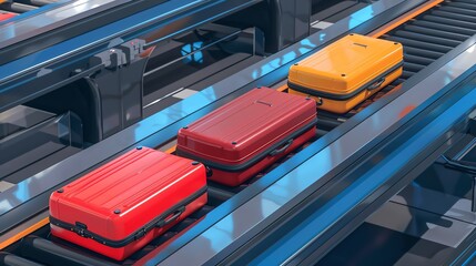 Red and yellow suitcases on an airport conveyor belt