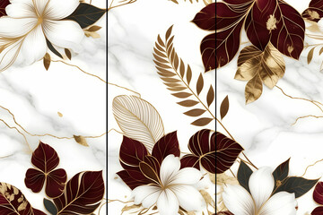 Home panel wall art three panels, marble with golden, white and maroon flowers and leaves and feather silhouette