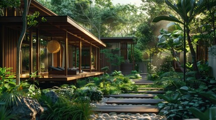 Exterior of an eco-friendly boutique hotel in a dense jungle, wooden architecture with greenery and plants, eco-friendly design, wooden plank walkway between buildings.