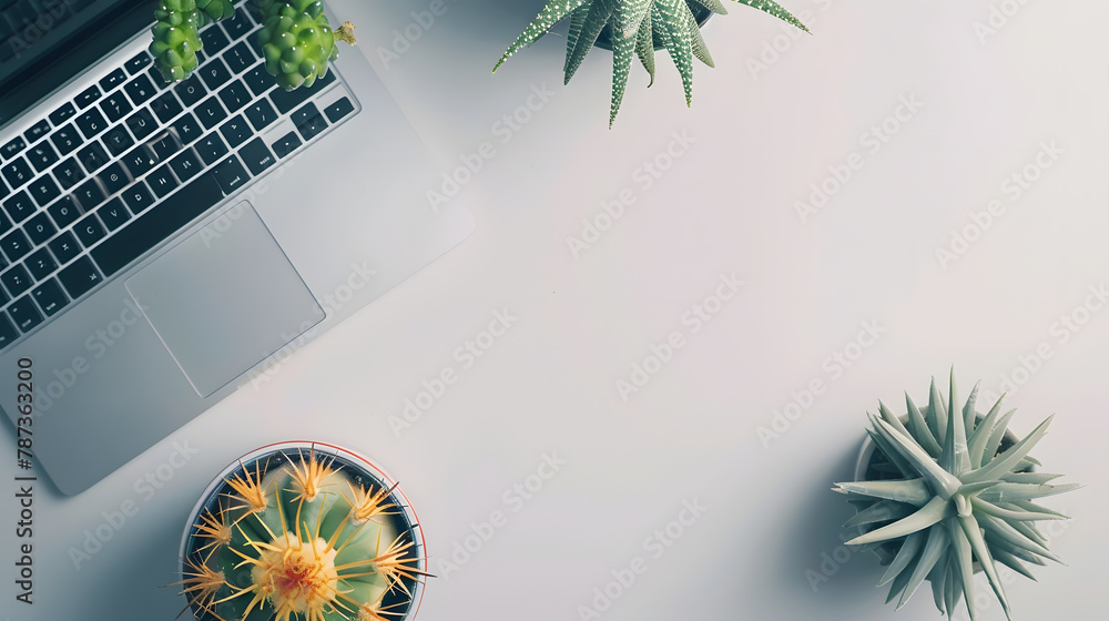 Aufkleber Working with Laptop computer and cactus copy space on table backgroundTop view styleMinmal workspacebusiness Concept : Generative AI