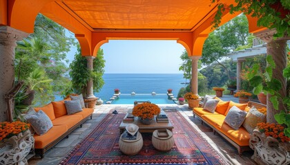 large outdoor living room with furnishings and ocean views, in a traditional Mexican style