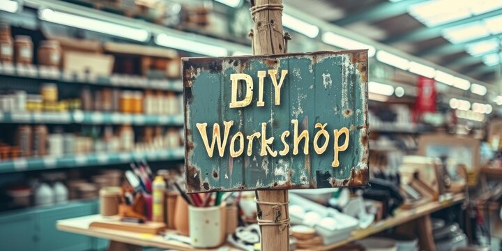 A "DIY Workshop" sign advertising a crafting event at a store. 