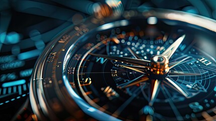 Obraz premium Close-up of a compass on an expensive watch with golden hands pointing north and south, symbolizing the direction of business planning. The background is a gray gradient.