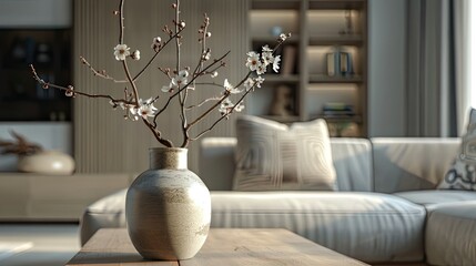 A ceramic vase with branches of fruit tree flowers sits on a coffee table in front of an elegant...