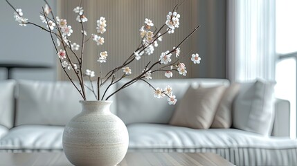 A ceramic vase with branches of fruit tree flowers sits on a coffee table in front of an elegant...