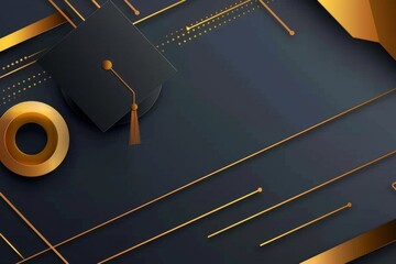  background with gold color, featuring an elegant graduation cap and diploma on the left side of the frame The composition includes golden lines for text space Generative AI - obrazy, fototapety, plakaty