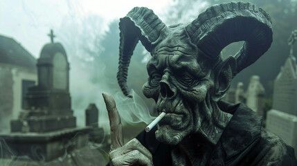 statue of a smoking Satan in spooky cemetery , horror 