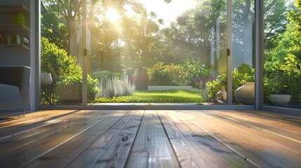 Panoramic views of the outdoor summer garden through the sliding glass doors and timber flooring outside, with trees in the background and the sun's rays shining on it.