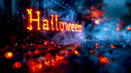 word text of " Halloween " written on cemetery wall, spooky Halloween greetings  