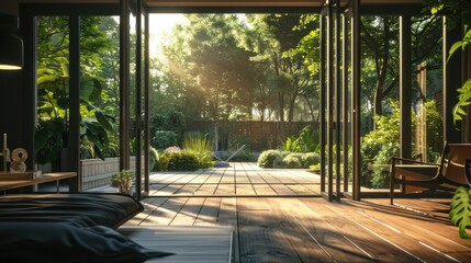 Panoramic views of the outdoor summer garden through the sliding glass doors and timber flooring outside, with trees in the background and the sun's rays shining on it.