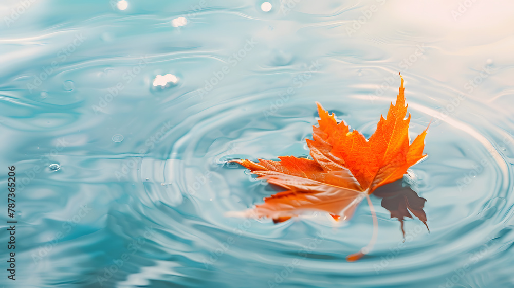 Poster one bright orange maple leaf in water minimalistic autumn background copy space : generative ai