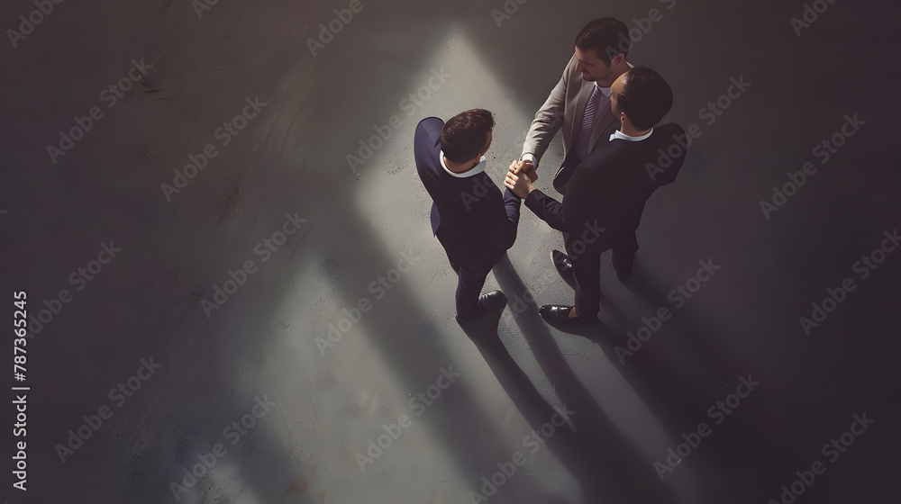 Poster business men shaking hands finishing up a meeting top view with copy space : generative ai